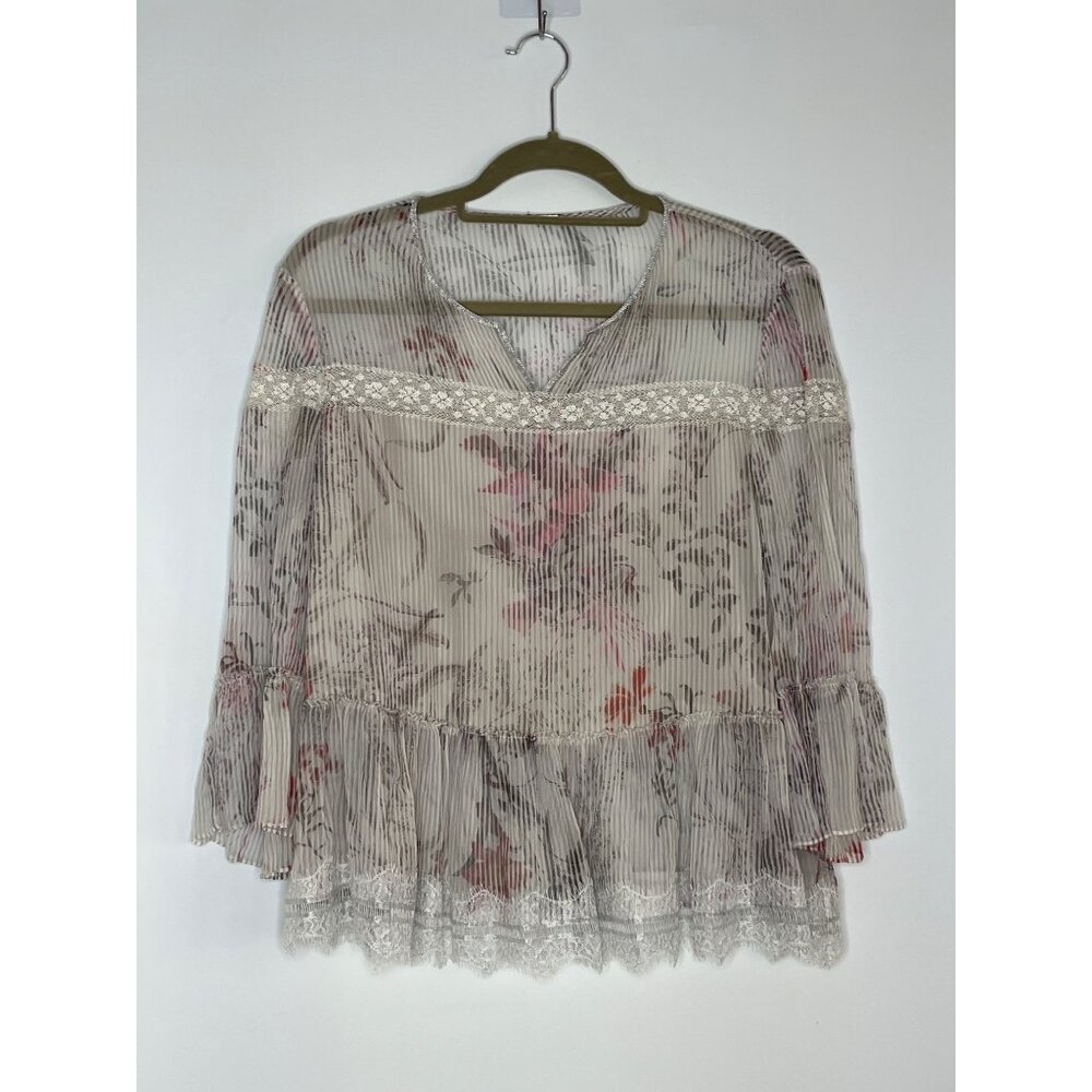 Elie Tahari 100% SIlk Floral Pattern Lace Details Bell Sleeve Shamra Blouse L